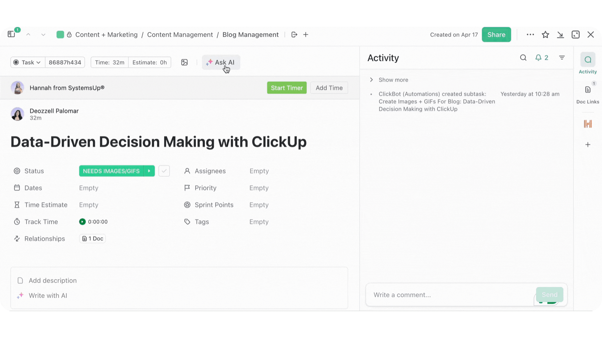 Utilize ClickUp's AI Task Summary feature for real time updates, enabling informed, data-driven decision making.