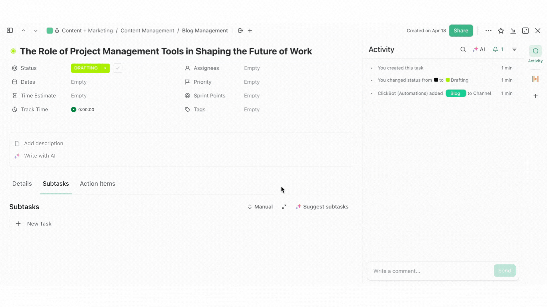 Use ClickUp AI to generate subtasks for seamless project management