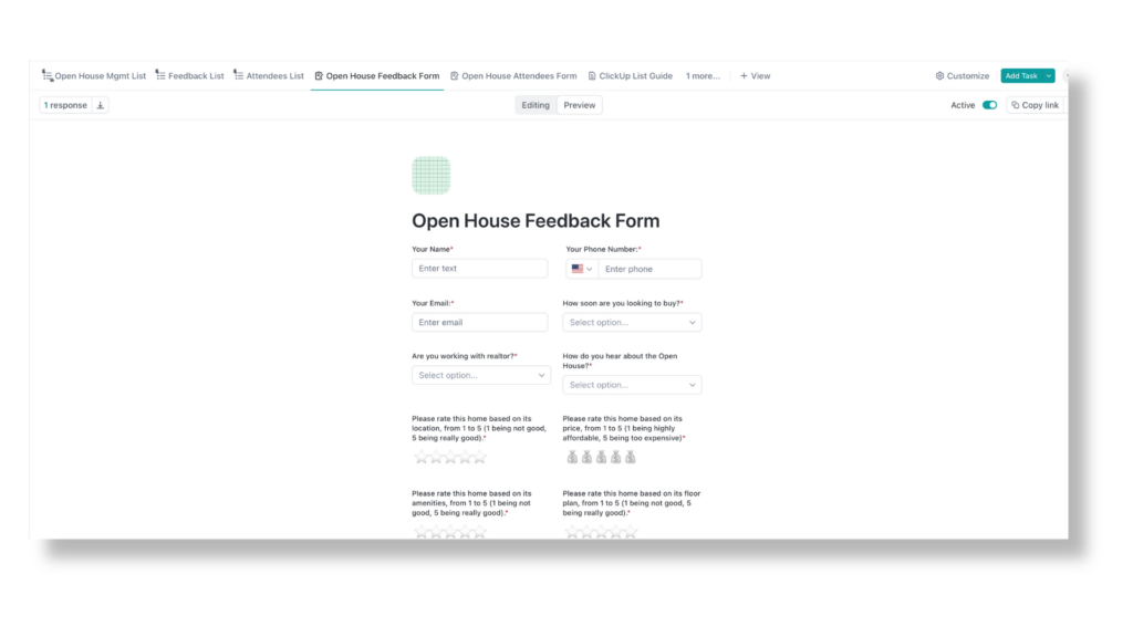 Gather client feedback on open houses with ClickUp forms